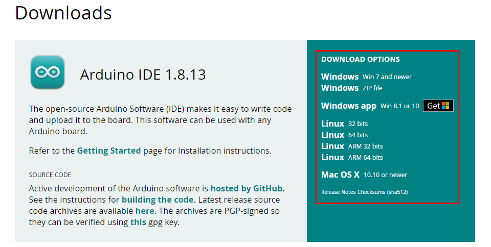 Página de Download do software Arduino